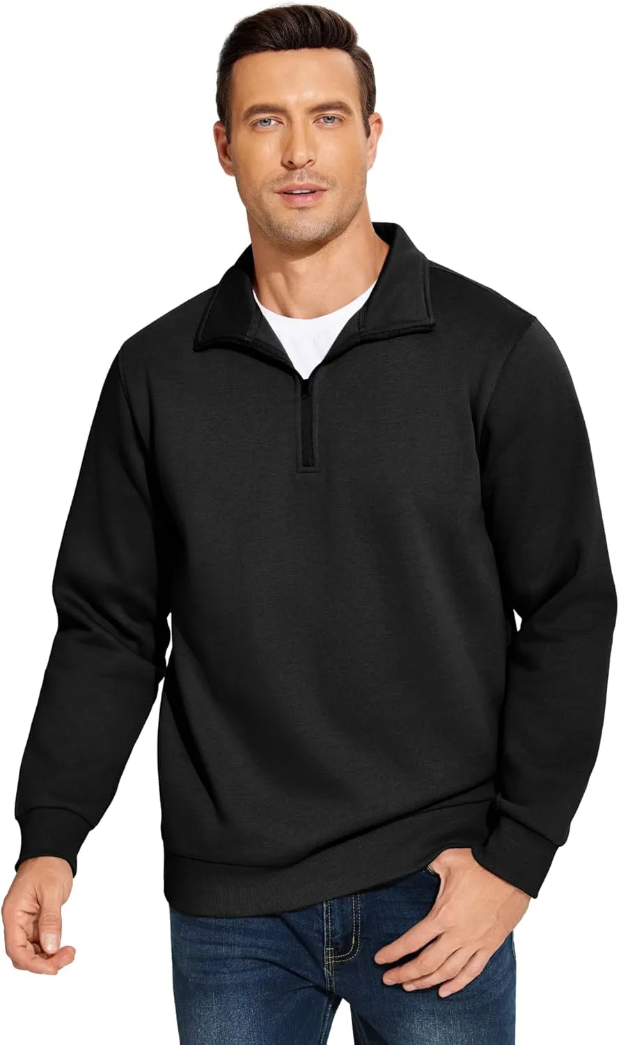 PINSPARK Men's Quarter Zip Fleece Cotton Pullover Sweatshirts Mock Neck Casual Long Sleeve Fall Winter Warm Sweatshirt