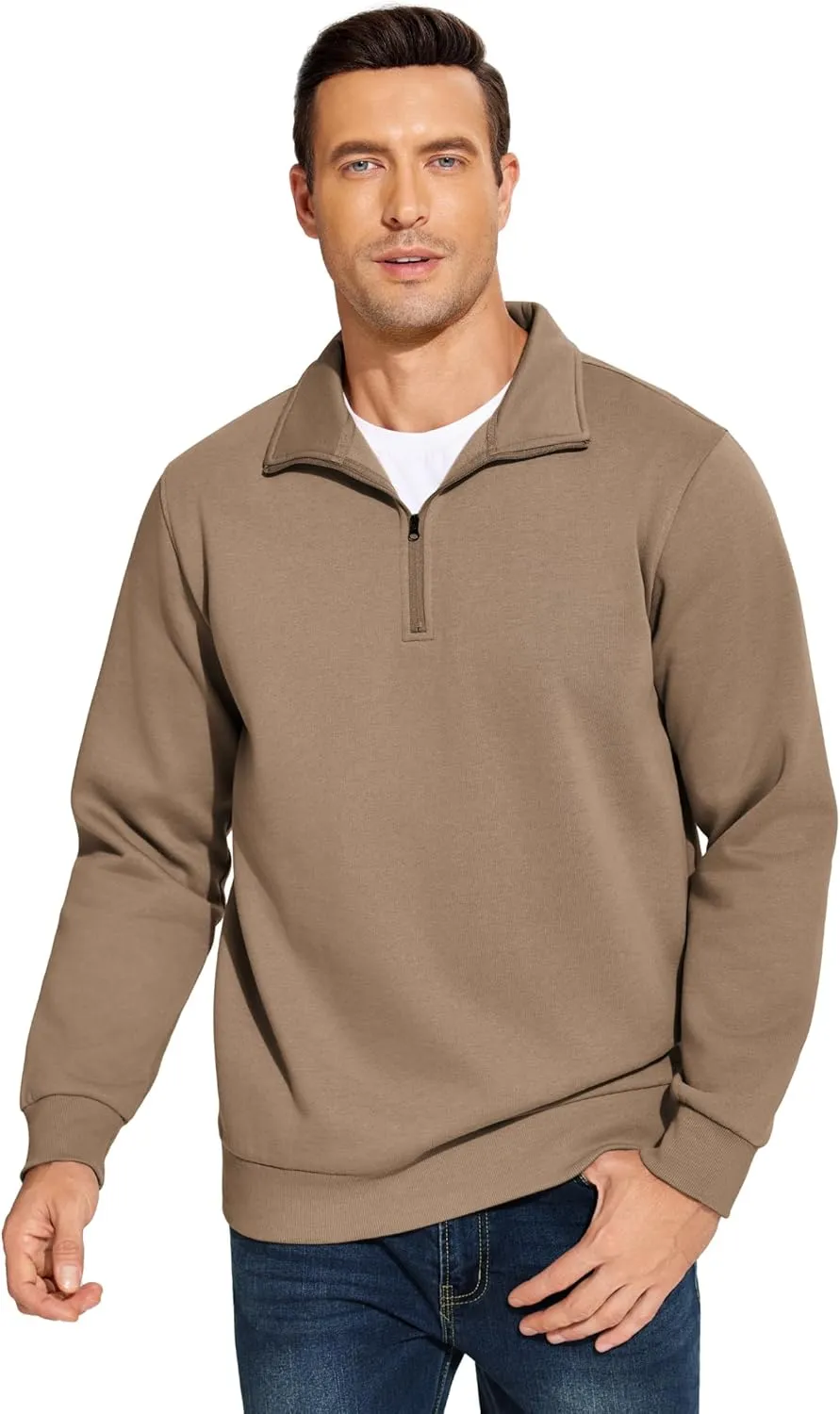 PINSPARK Men's Quarter Zip Fleece Cotton Pullover Sweatshirts Mock Neck Casual Long Sleeve Fall Winter Warm Sweatshirt