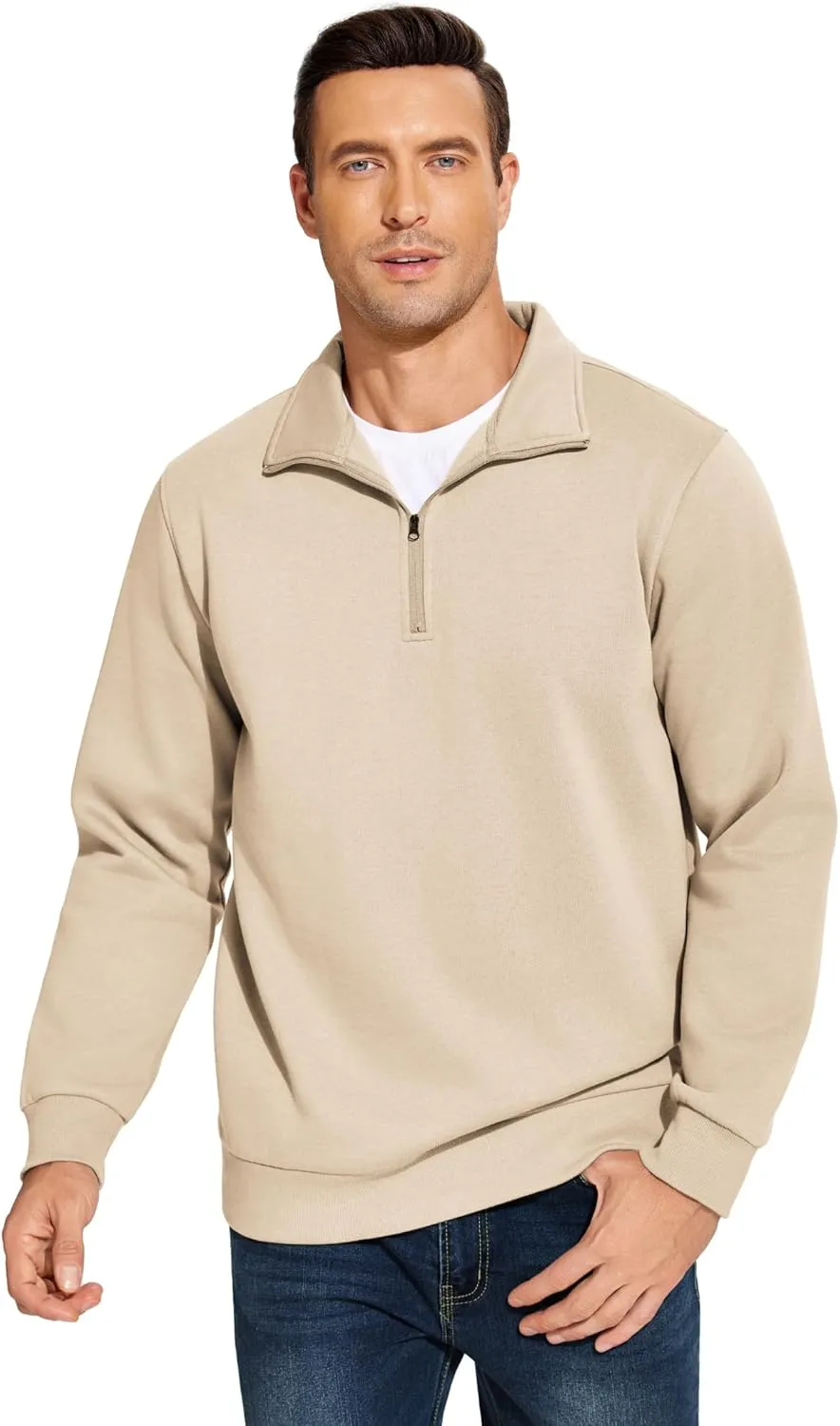 PINSPARK Men's Quarter Zip Fleece Cotton Pullover Sweatshirts Mock Neck Casual Long Sleeve Fall Winter Warm Sweatshirt