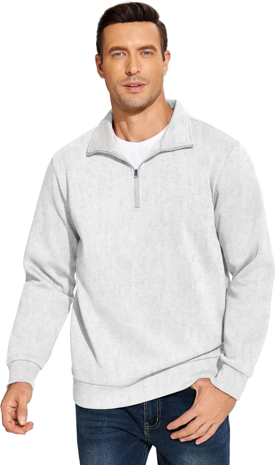 PINSPARK Men's Quarter Zip Fleece Cotton Pullover Sweatshirts Mock Neck Casual Long Sleeve Fall Winter Warm Sweatshirt