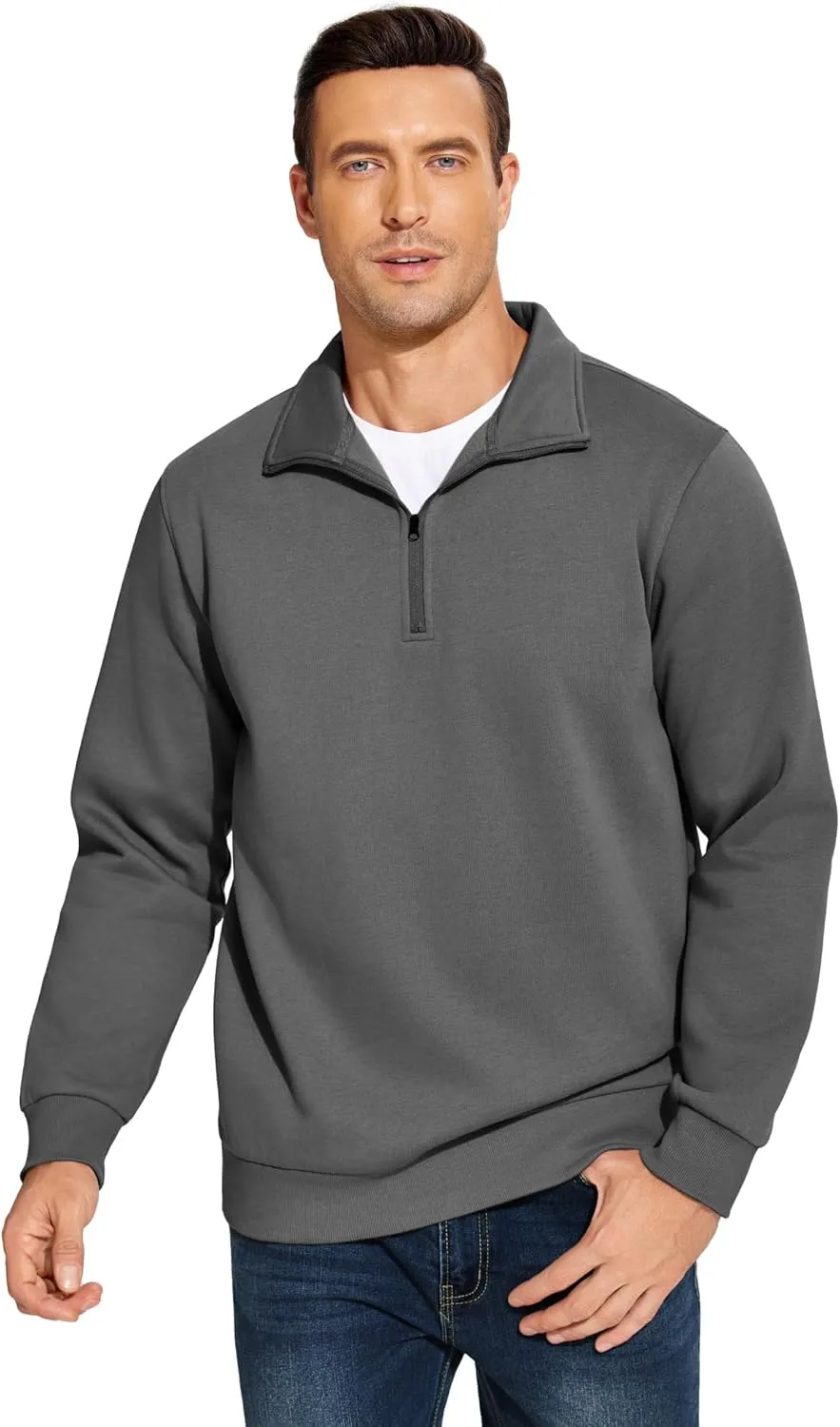 PINSPARK Men's Quarter Zip Fleece Cotton Pullover Sweatshirts Mock Neck Casual Long Sleeve Fall Winter Warm Sweatshirt