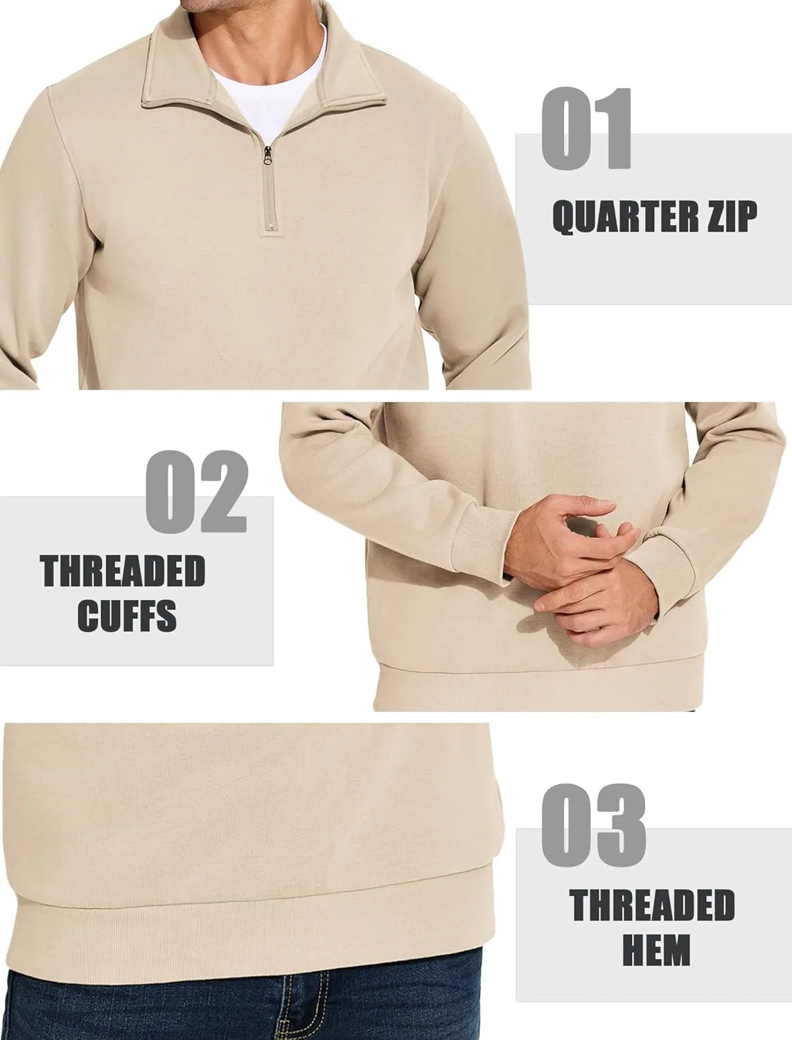 PINSPARK Men's Quarter Zip Fleece Cotton Pullover Sweatshirts Mock Neck Casual Long Sleeve Fall Winter Warm Sweatshirt