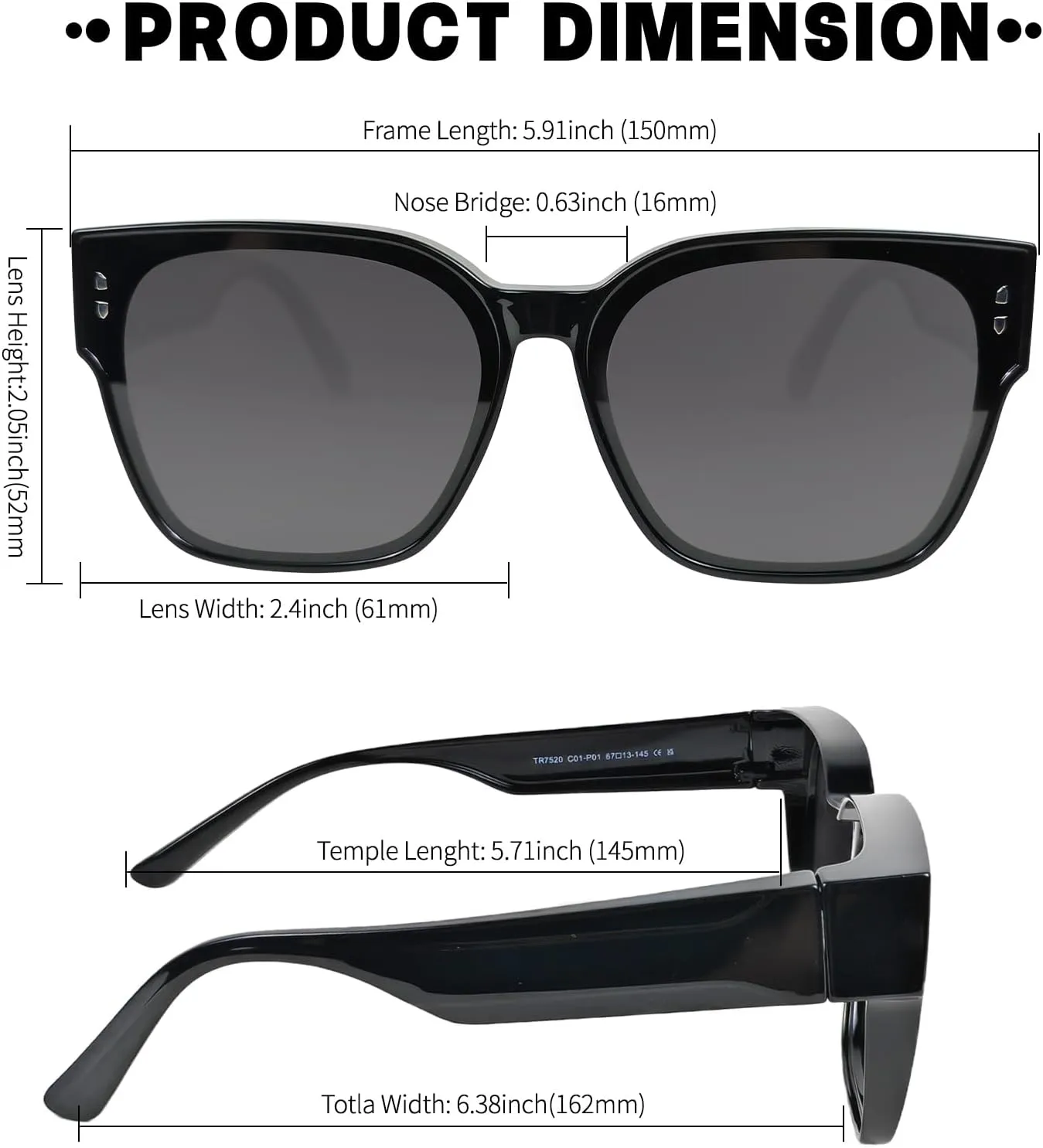 Polarized Fit Over Glasses Sunglasses for Women Men, Square Oversized Lightweight Shades for Driving Riding