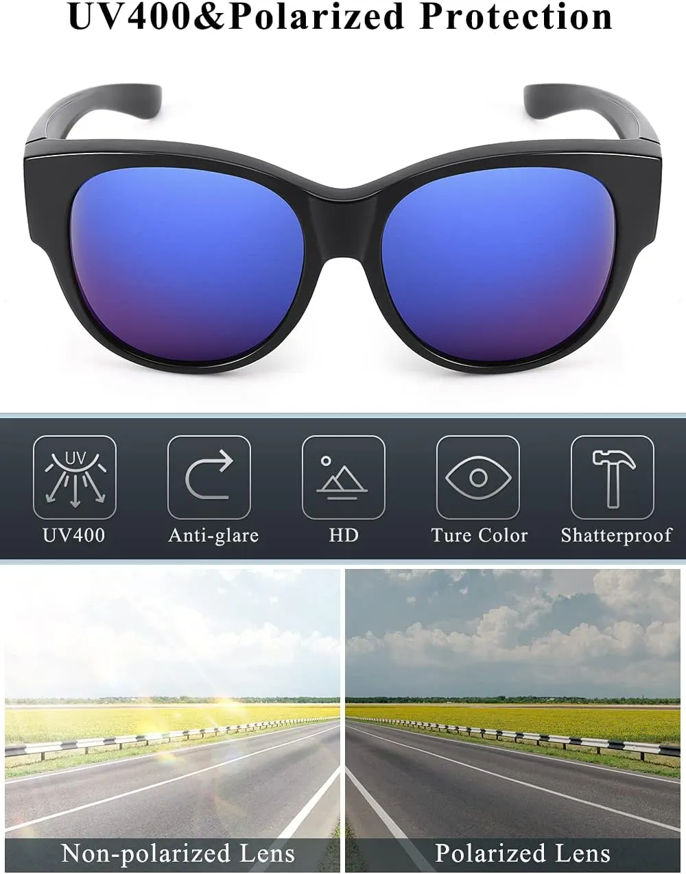 Polarized Sunglasses Fit Over Glasses Over Glasses Trendy Round Cat Eye and HD Wrap-around Sunglasses
