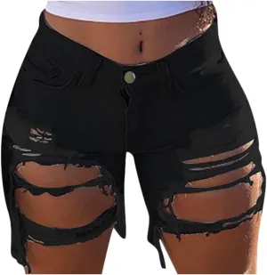 POLLYANNA KEONG Jean Shorts for Women,High Waisted Women Denim Shorts Casual Ripped Frayed Raw Hem Jeans Short with Pockets