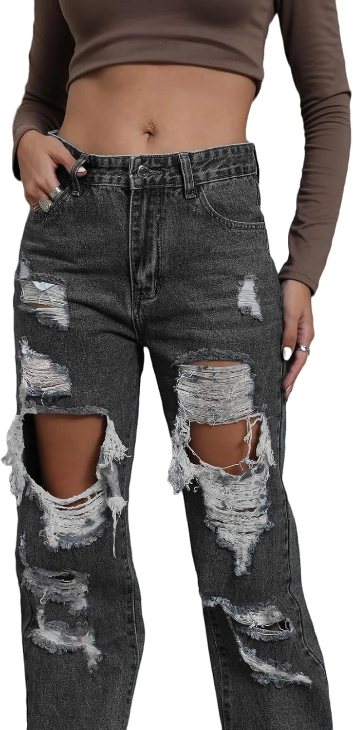 Ripped Jeans Womens Distressed high Waisted Jeans for Women Trendy Wide Straight Leg Y2k Pants Women’s Jeans