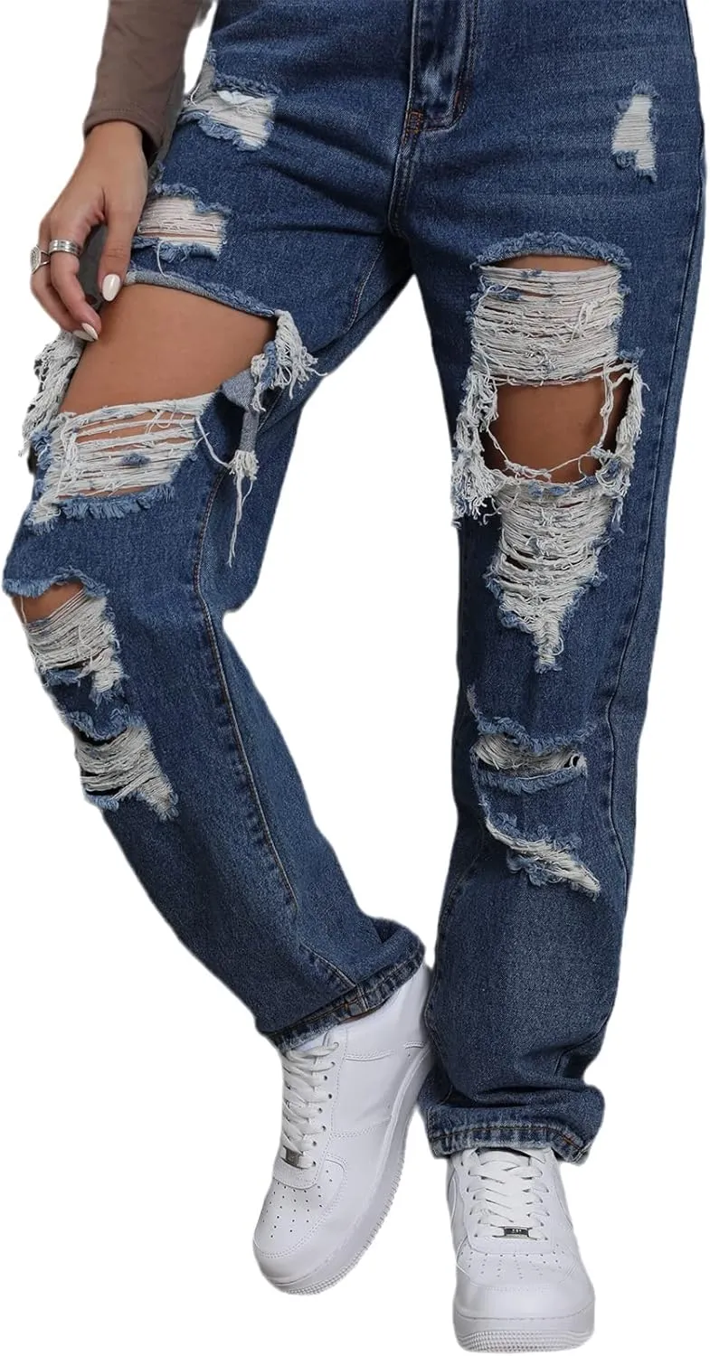Ripped Jeans Womens Distressed high Waisted Jeans for Women Trendy Wide Straight Leg Y2k Pants Women’s Jeans