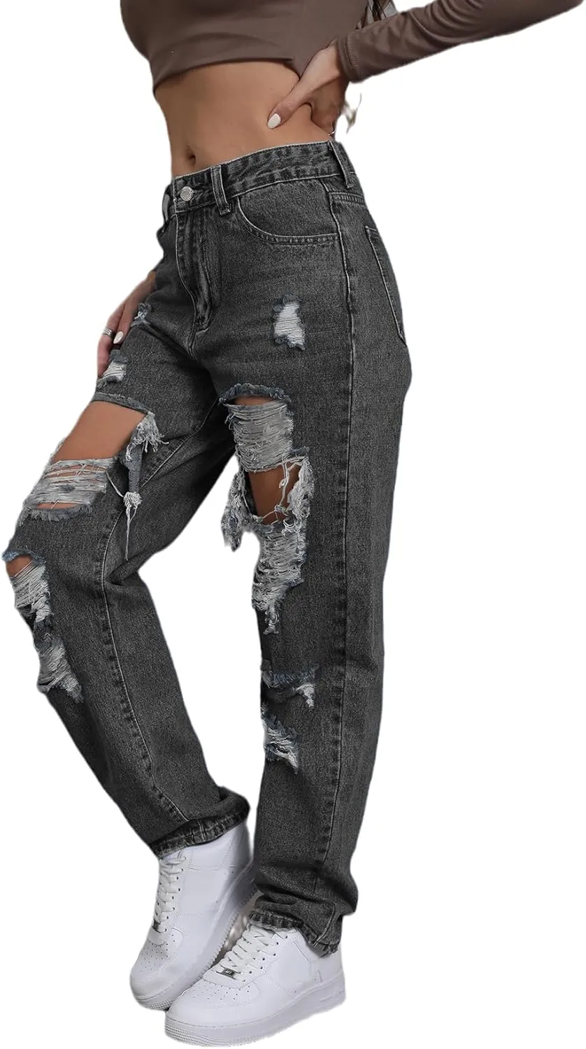 Ripped Jeans Womens Distressed high Waisted Jeans for Women Trendy Wide Straight Leg Y2k Pants Women’s Jeans