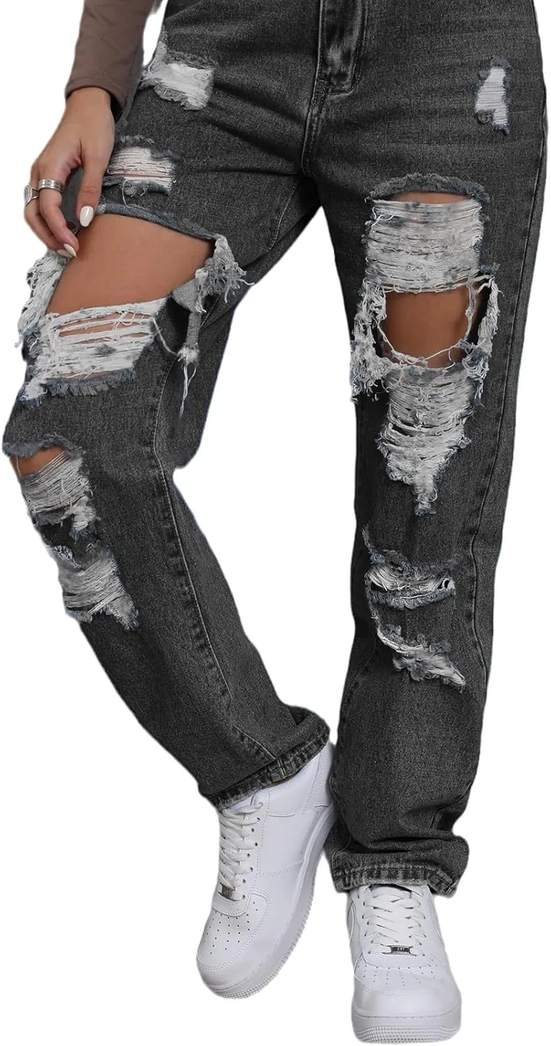 Ripped Jeans Womens Distressed high Waisted Jeans for Women Trendy Wide Straight Leg Y2k Pants Women’s Jeans