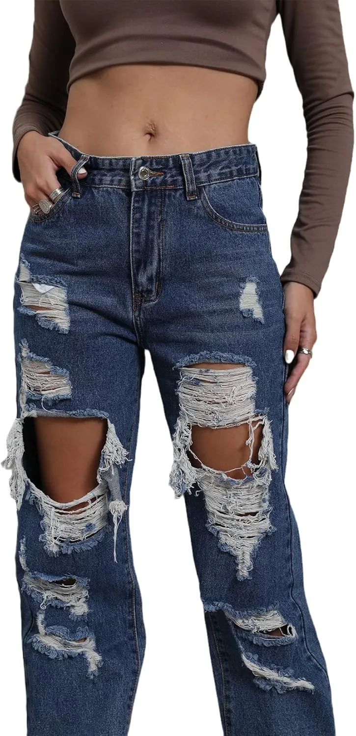 Ripped Jeans Womens Distressed high Waisted Jeans for Women Trendy Wide Straight Leg Y2k Pants Women’s Jeans