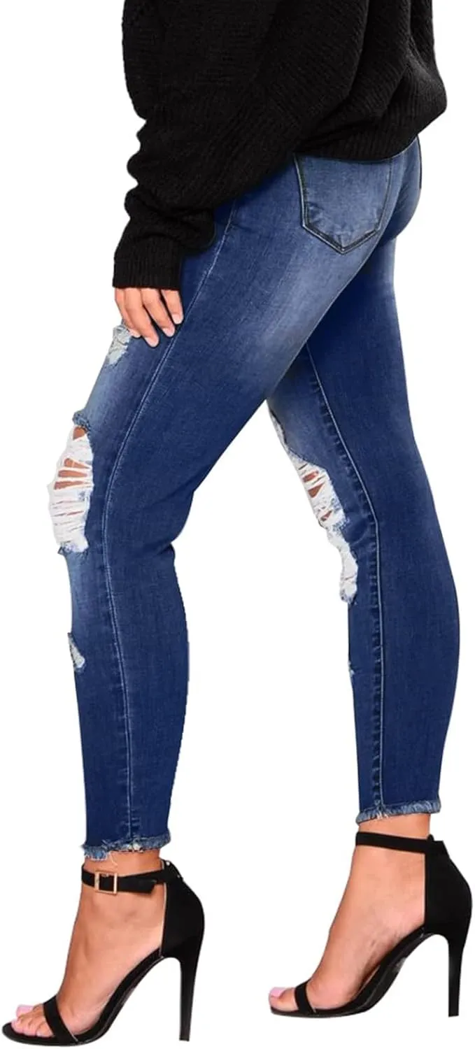 Ripped Jeans Womens Low Rise Stretch Ankle Skinny Jeans Raw Hem Slim Fit Cropped Curvy Denim Jeggings with Pockets