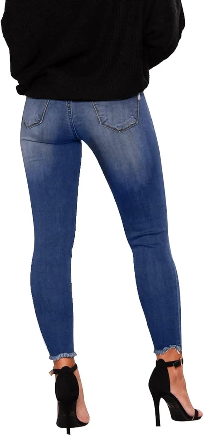 Ripped Jeans Womens Low Rise Stretch Ankle Skinny Jeans Raw Hem Slim Fit Cropped Curvy Denim Jeggings with Pockets