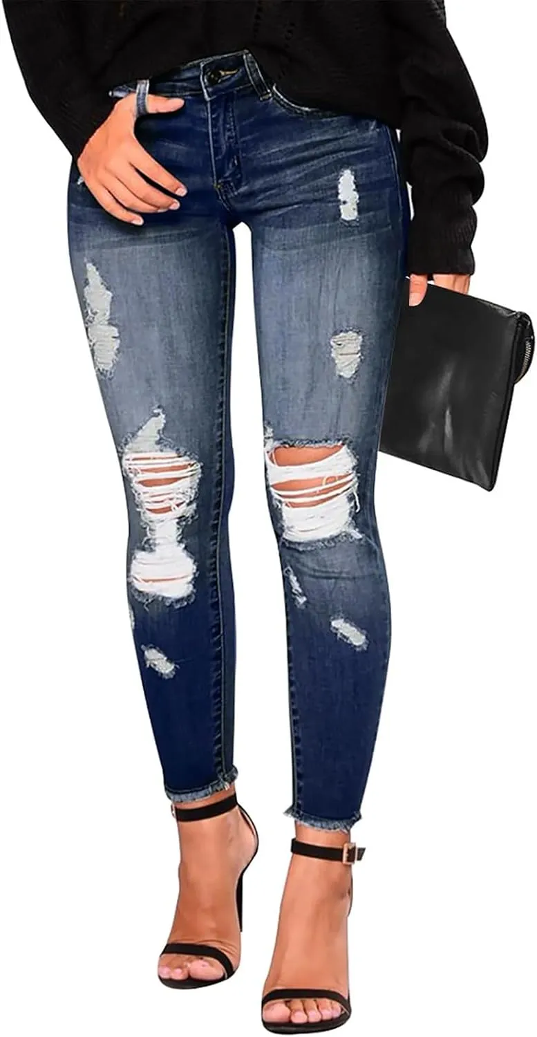 Ripped Jeans Womens Low Rise Stretch Ankle Skinny Jeans Raw Hem Slim Fit Cropped Curvy Denim Jeggings with Pockets