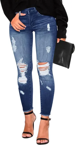 Ripped Jeans Womens Low Rise Stretch Ankle Skinny Jeans Raw Hem Slim Fit Cropped Curvy Denim Jeggings with Pockets