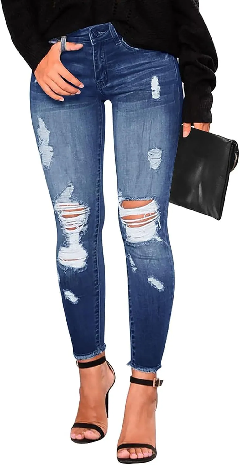 Ripped Jeans Womens Low Rise Stretch Ankle Skinny Jeans Raw Hem Slim Fit Cropped Curvy Denim Jeggings with Pockets