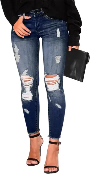 Ripped Jeans Womens Low Rise Stretch Ankle Skinny Jeans Raw Hem Slim Fit Cropped Curvy Denim Jeggings with Pockets