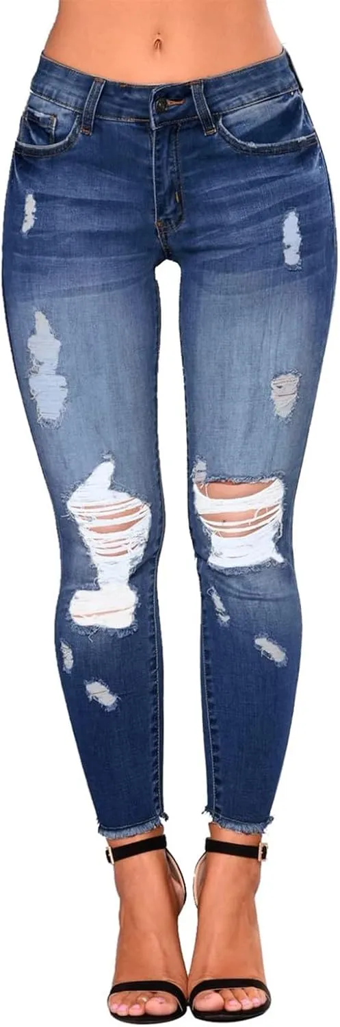 Ripped Jeans Womens Low Rise Stretch Ankle Skinny Jeans Raw Hem Slim Fit Cropped Curvy Denim Jeggings with Pockets