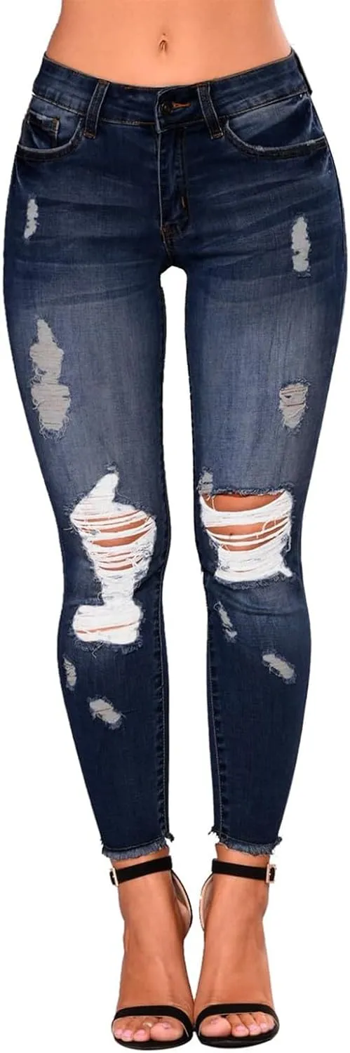 Ripped Jeans Womens Low Rise Stretch Ankle Skinny Jeans Raw Hem Slim Fit Cropped Curvy Denim Jeggings with Pockets
