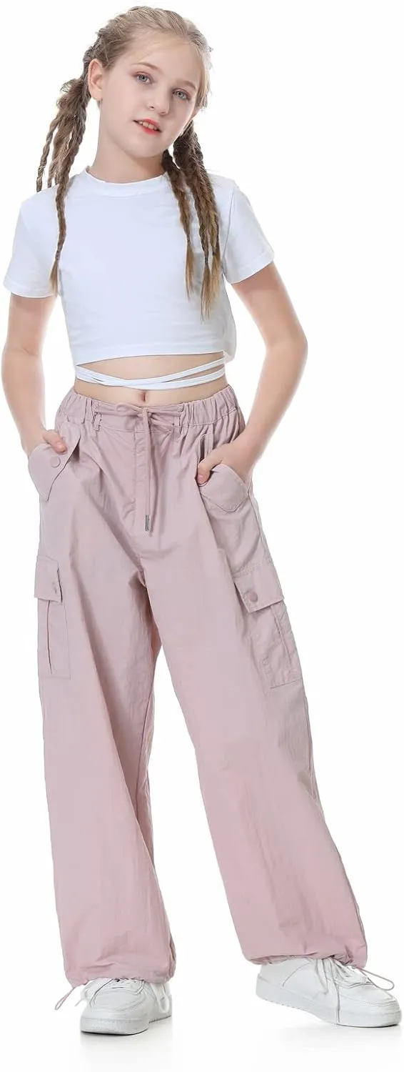 Rolanko Parachute Pants for Girls Y2K Cargo Trousers with Pockets Harajuku Jogger Pants Kids 4-14 Years