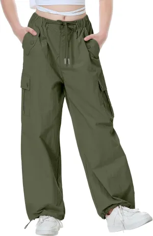 Rolanko Parachute Pants for Girls Y2K Cargo Trousers with Pockets Harajuku Jogger Pants Kids 4-14 Years