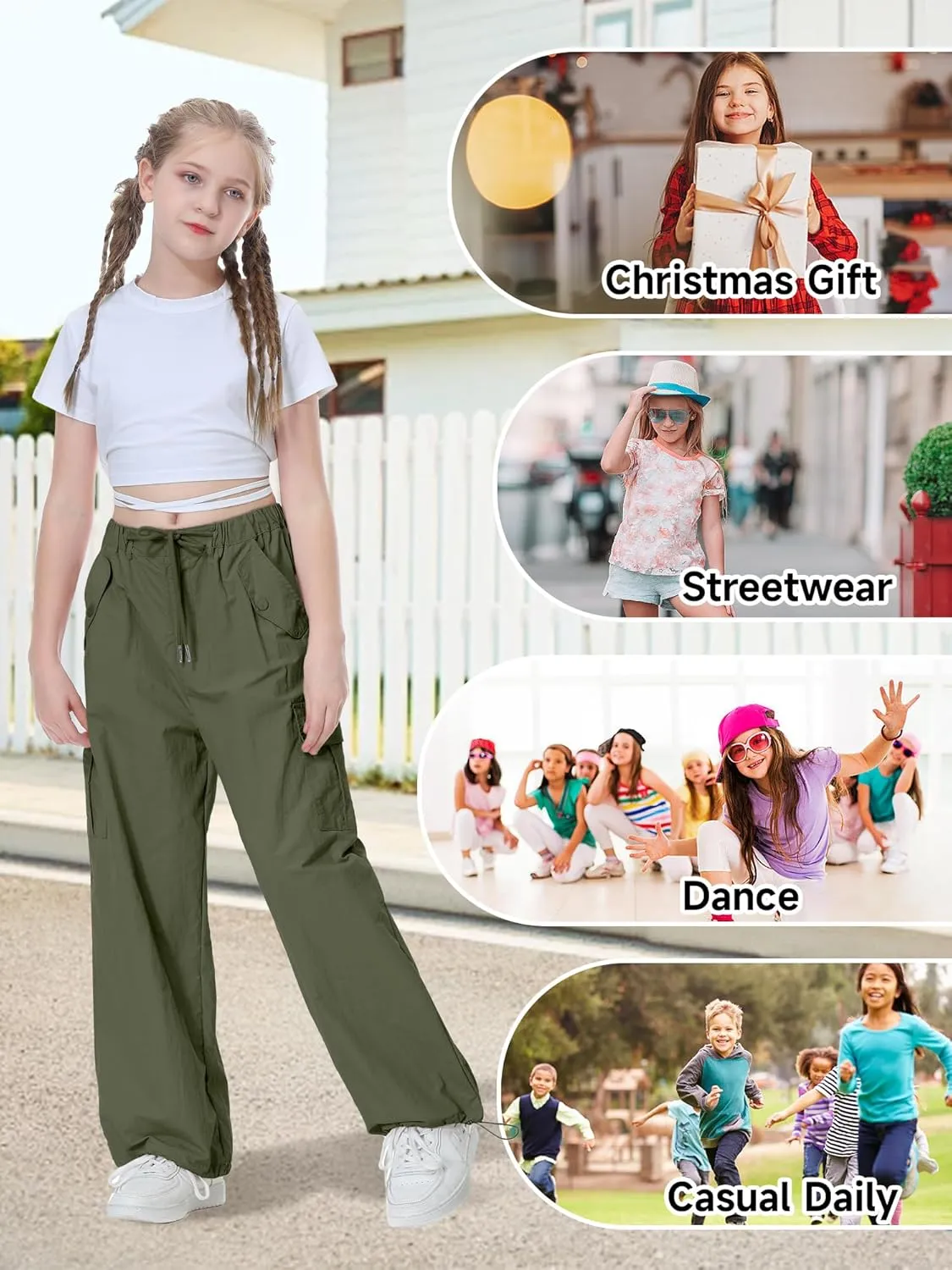 Rolanko Parachute Pants for Girls Y2K Cargo Trousers with Pockets Harajuku Jogger Pants Kids 4-14 Years