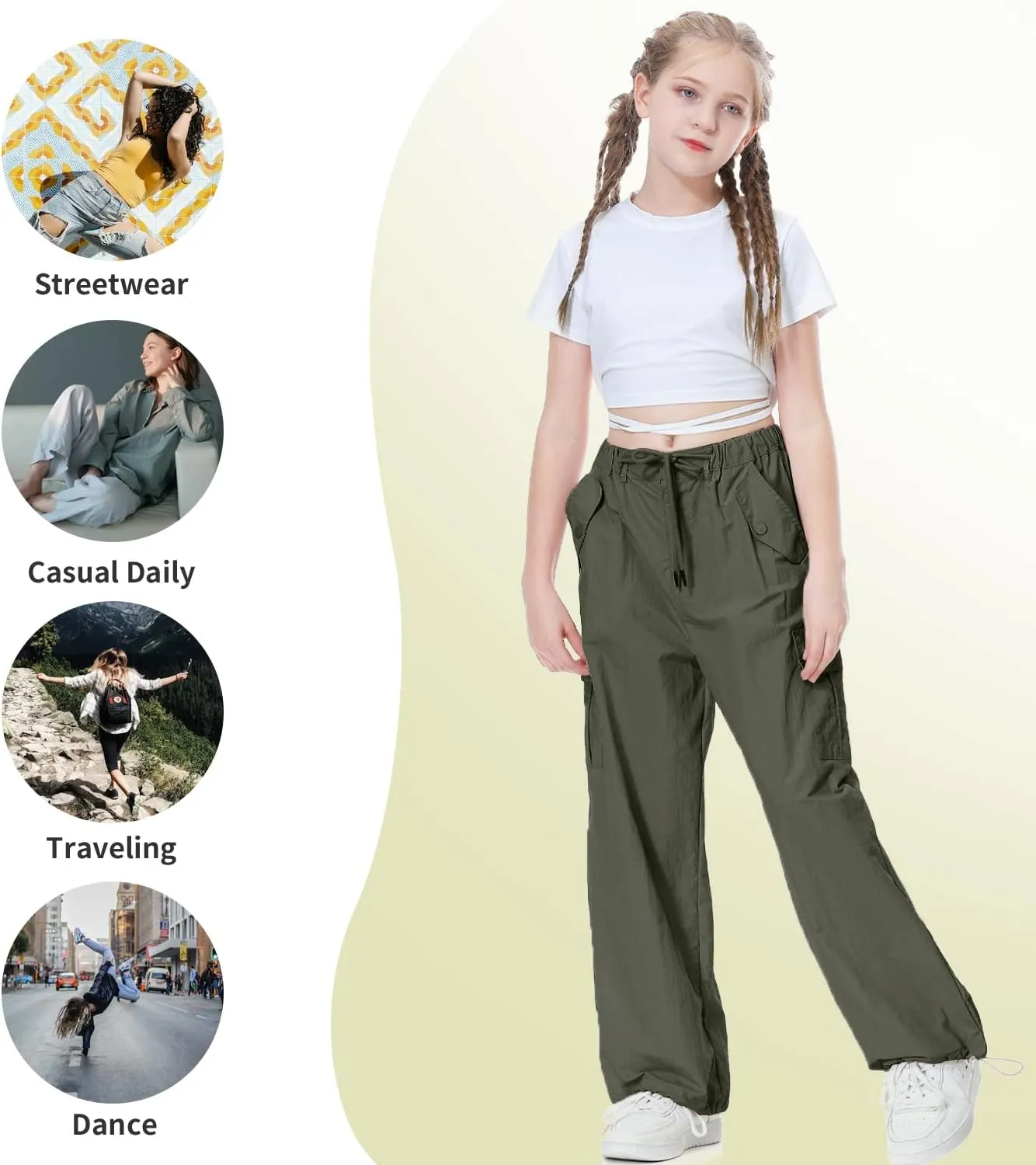 Rolanko Parachute Pants for Girls Y2K Cargo Trousers with Pockets Harajuku Jogger Pants Kids 4-14 Years