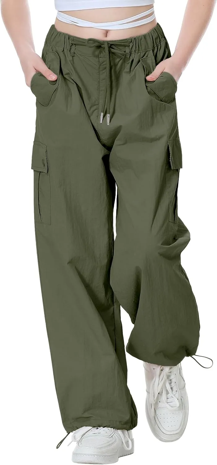 Rolanko Parachute Pants for Girls Y2K Cargo Trousers with Pockets Harajuku Jogger Pants Kids 4-14 Years