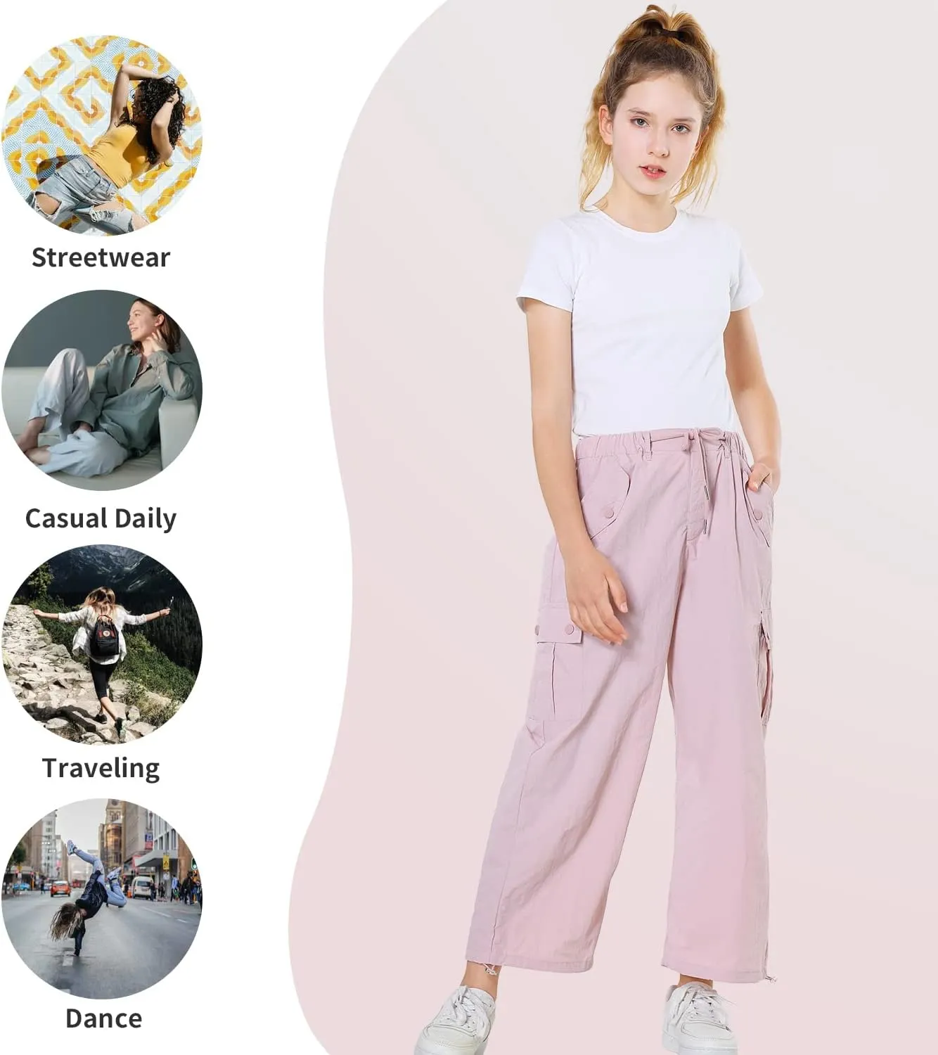 Rolanko Parachute Pants for Girls Y2K Cargo Trousers with Pockets Harajuku Jogger Pants Kids 4-14 Years