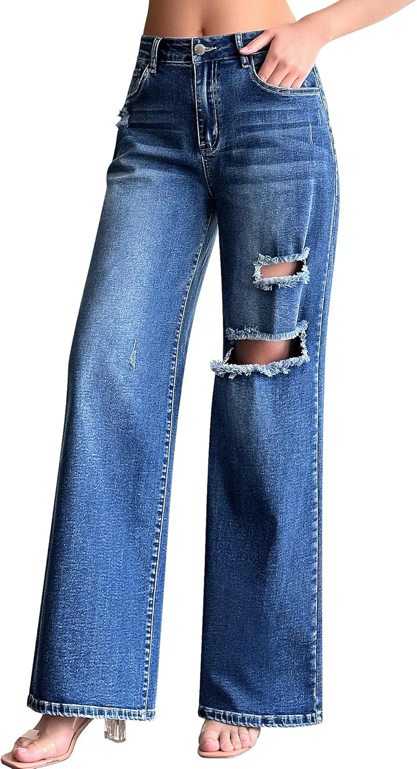 roswear Women’s Baggy Wide Leg Jeans Boyfriend Trendy High Waisted Ripped Stretchy Denim Jeans
