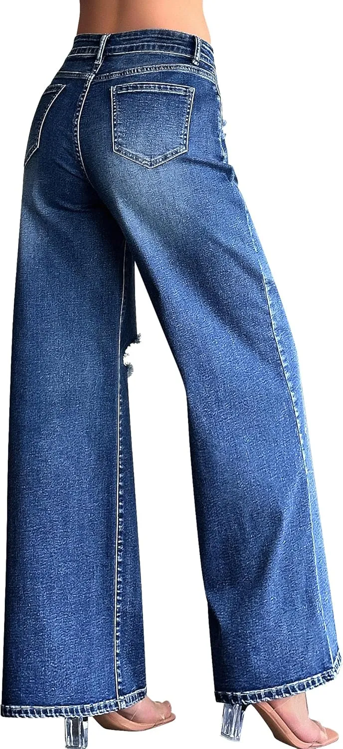 roswear Women’s Baggy Wide Leg Jeans Boyfriend Trendy High Waisted Ripped Stretchy Denim Jeans