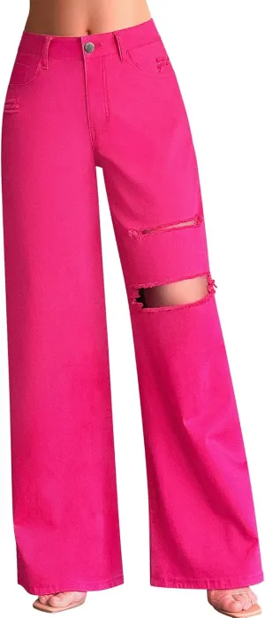 roswear Women’s Baggy Wide Leg Jeans Boyfriend Trendy High Waisted Ripped Stretchy Denim Jeans