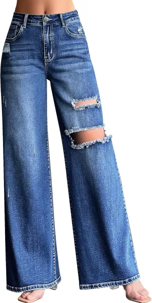 roswear Women’s Baggy Wide Leg Jeans Boyfriend Trendy High Waisted Ripped Stretchy Denim Jeans
