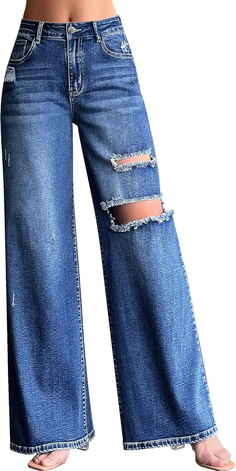 roswear Women’s Baggy Wide Leg Jeans Boyfriend Trendy High Waisted Ripped Stretchy Denim Jeans