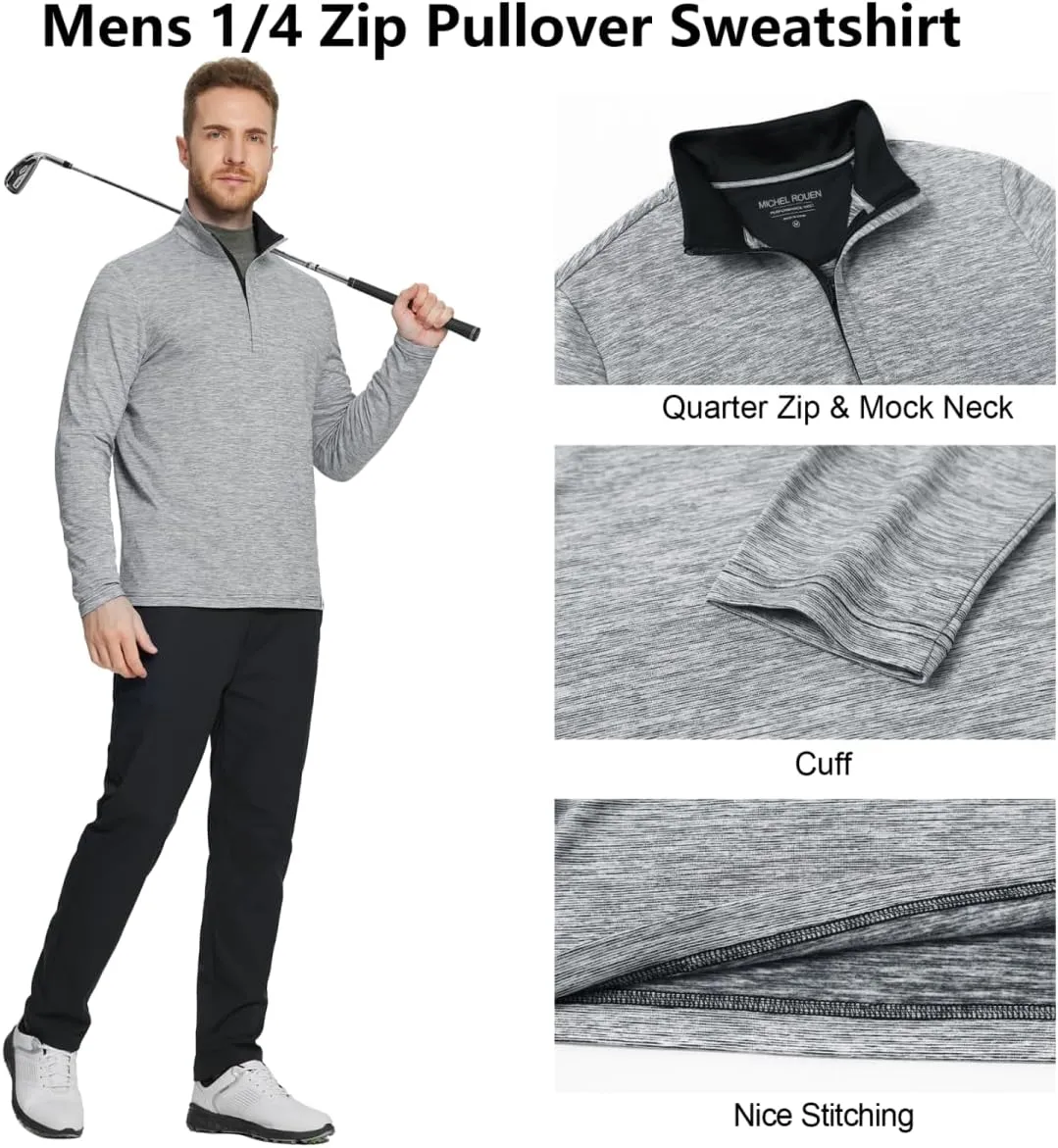 Rouen Quarter Zip Pullover Men Performance Dry Fit Mock Neck Brushed Casual Sports Golf Mens 1/4 Zip Pullover Sweatshirts