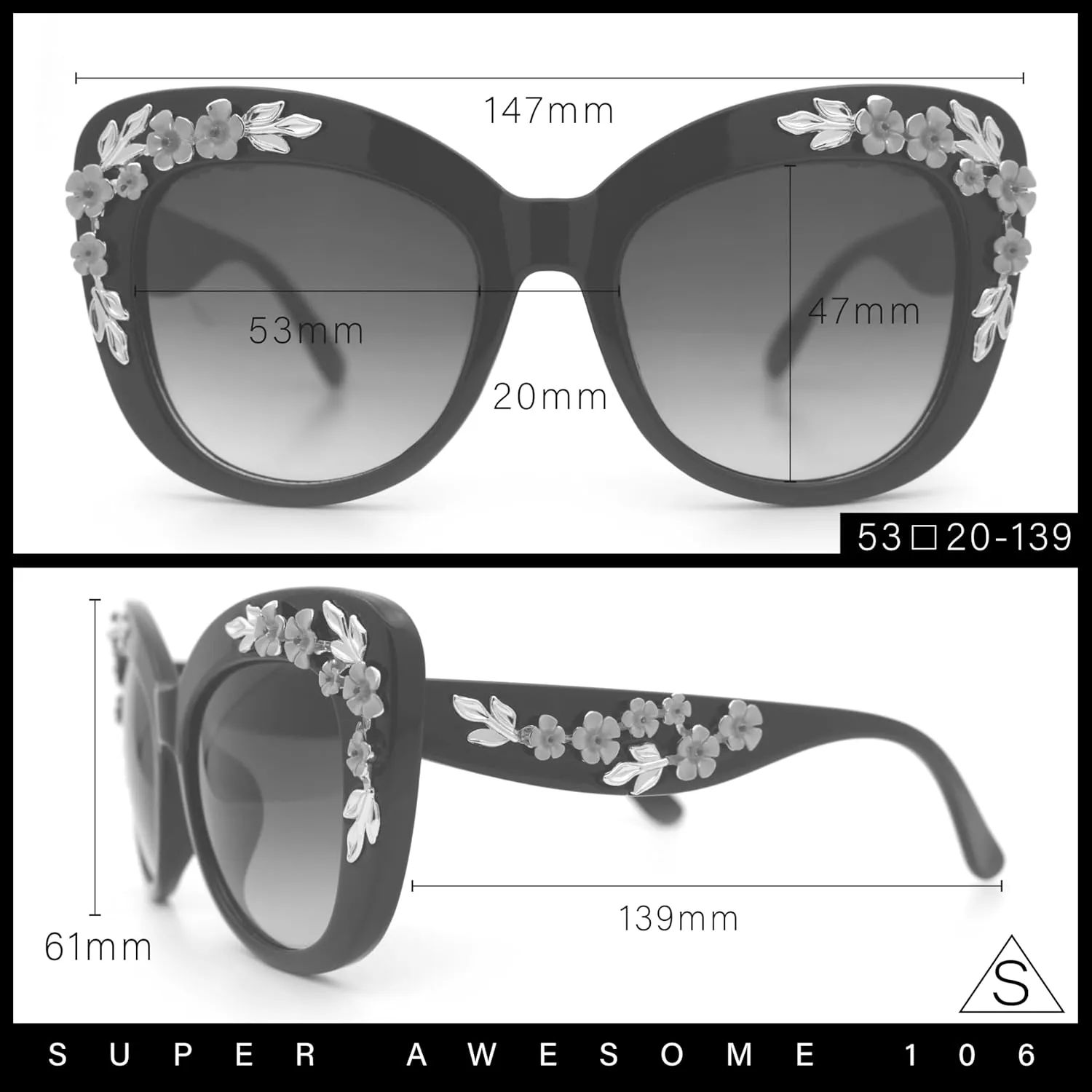 SA106 Womens Metal Flower Foliage Jewel Brow Trim Oversize Cat Eye Sunglasses