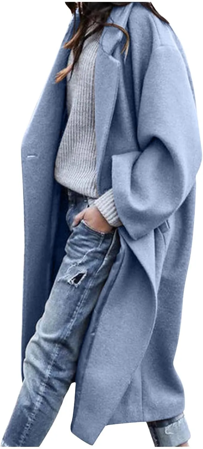 SACFOF Women's Oversized Notched Collar Wool Blend Open Front Midi Long Trench Coat Fashion Wool Blend Trench Pea Coats