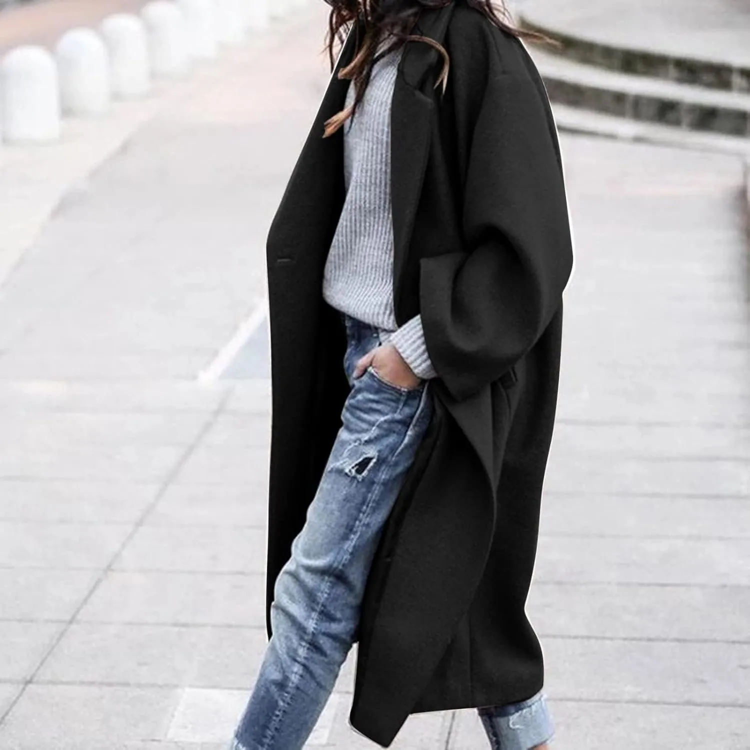 SACFOF Women's Oversized Notched Collar Wool Blend Open Front Midi Long Trench Coat Fashion Wool Blend Trench Pea Coats