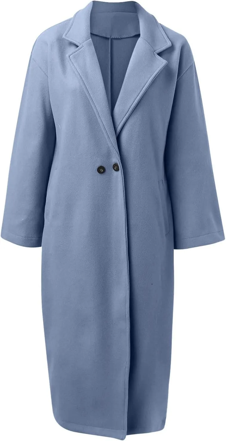 SACFOF Women's Oversized Notched Collar Wool Blend Open Front Midi Long Trench Coat Fashion Wool Blend Trench Pea Coats