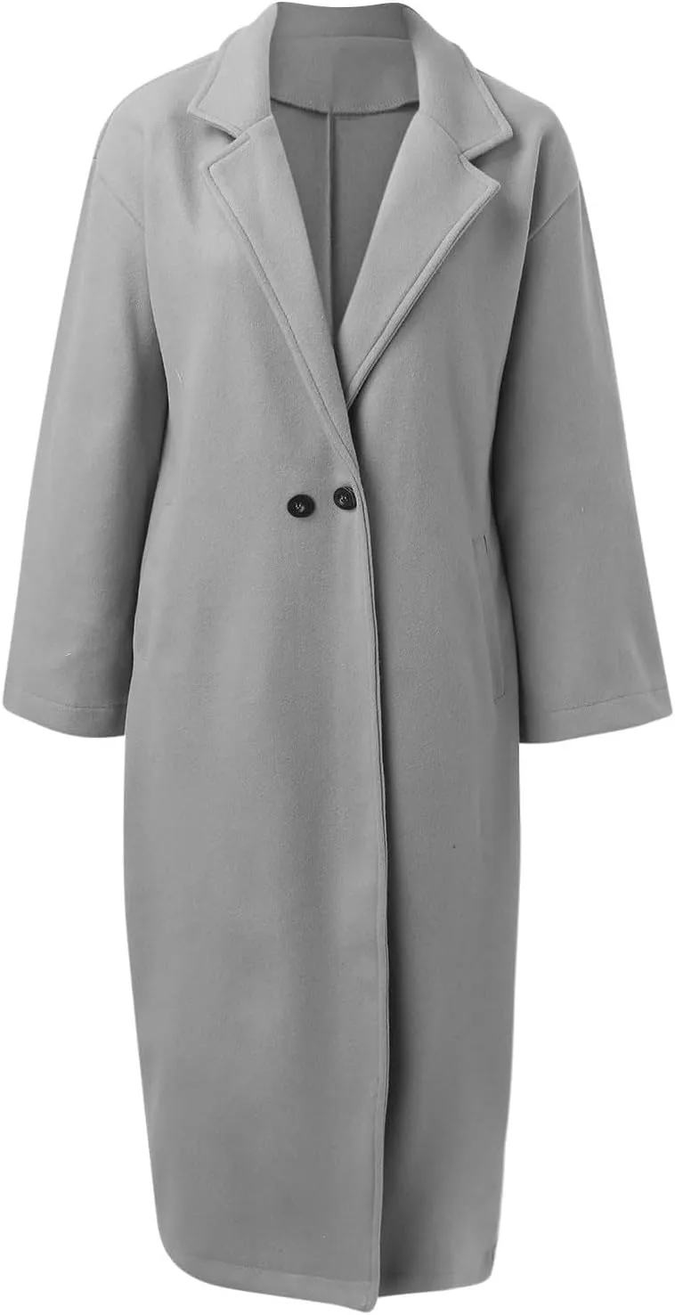 SACFOF Women's Oversized Notched Collar Wool Blend Open Front Midi Long Trench Coat Fashion Wool Blend Trench Pea Coats