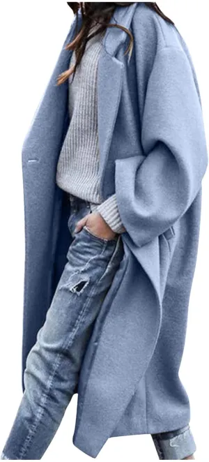 SACFOF Women's Oversized Notched Collar Wool Blend Open Front Midi Long Trench Coat Fashion Wool Blend Trench Pea Coats