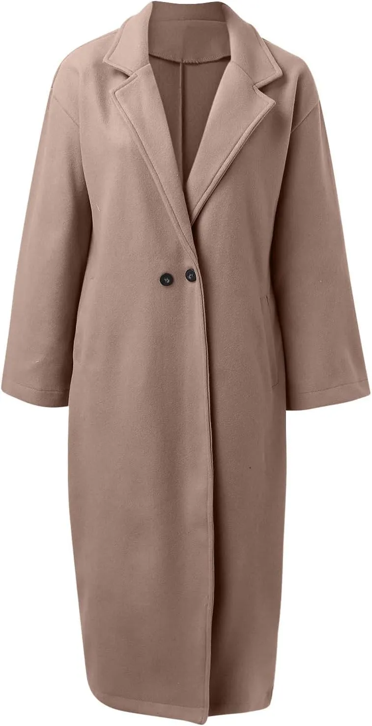SACFOF Women's Oversized Notched Collar Wool Blend Open Front Midi Long Trench Coat Fashion Wool Blend Trench Pea Coats