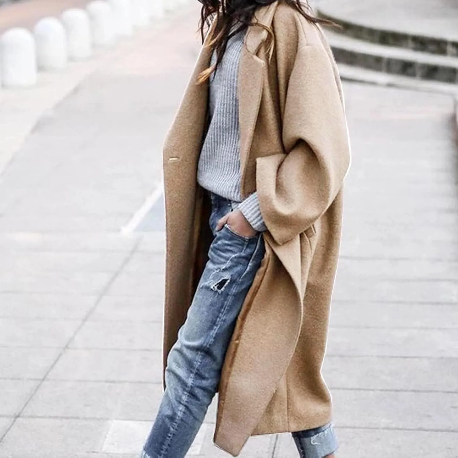 SACFOF Women's Oversized Notched Collar Wool Blend Open Front Midi Long Trench Coat Fashion Wool Blend Trench Pea Coats