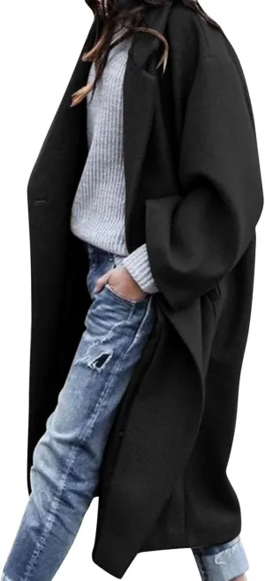 SACFOF Women's Oversized Notched Collar Wool Blend Open Front Midi Long Trench Coat Fashion Wool Blend Trench Pea Coats