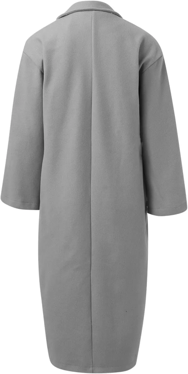 SACFOF Women's Oversized Notched Collar Wool Blend Open Front Midi Long Trench Coat Fashion Wool Blend Trench Pea Coats