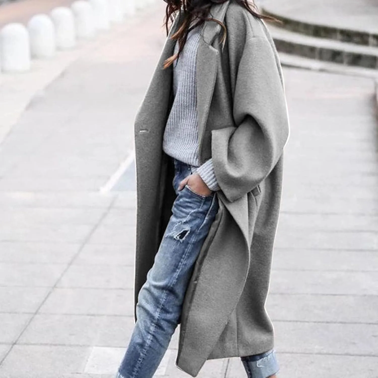 SACFOF Women's Oversized Notched Collar Wool Blend Open Front Midi Long Trench Coat Fashion Wool Blend Trench Pea Coats