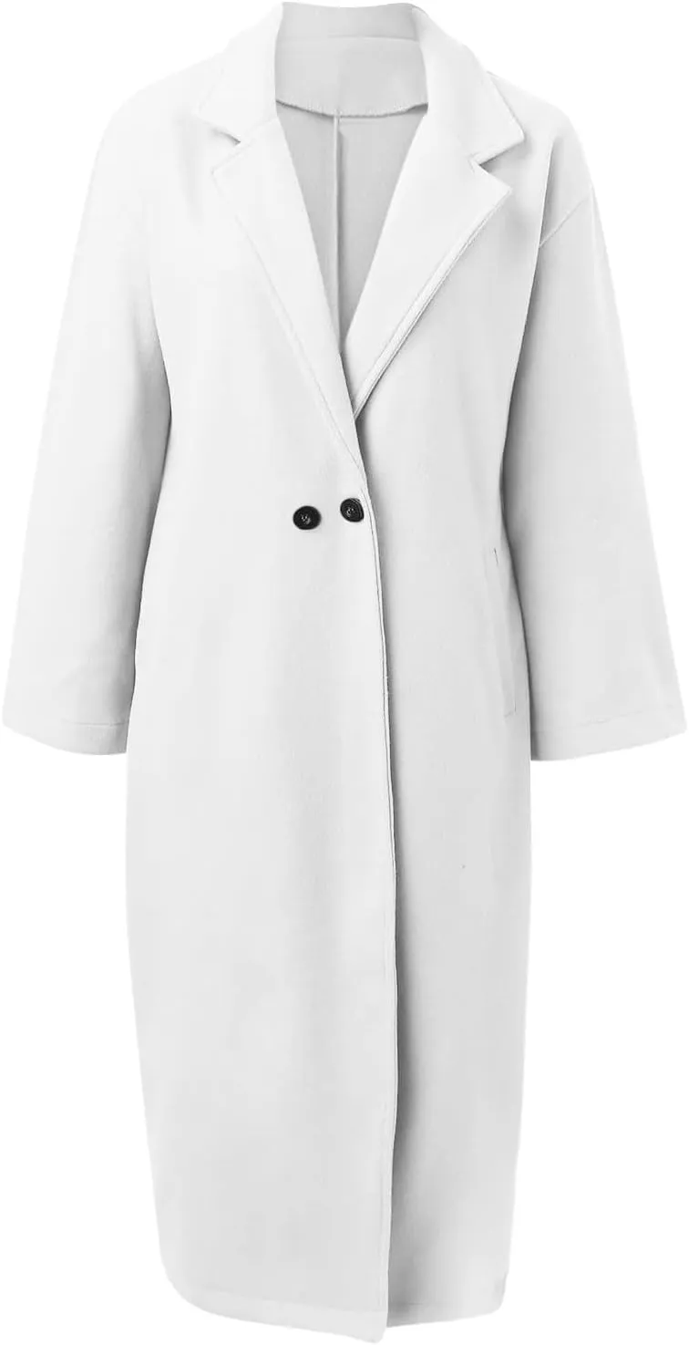 SACFOF Women's Oversized Notched Collar Wool Blend Open Front Midi Long Trench Coat Fashion Wool Blend Trench Pea Coats