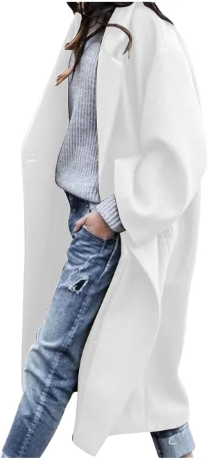 SACFOF Women's Oversized Notched Collar Wool Blend Open Front Midi Long Trench Coat Fashion Wool Blend Trench Pea Coats