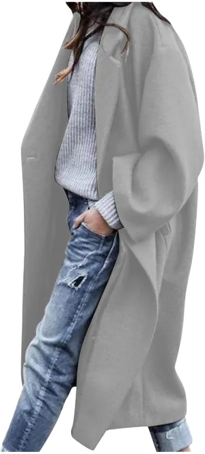 SACFOF Women's Oversized Notched Collar Wool Blend Open Front Midi Long Trench Coat Fashion Wool Blend Trench Pea Coats