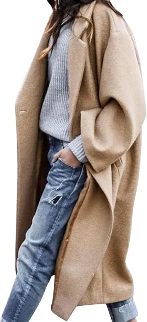 SACFOF Women's Oversized Notched Collar Wool Blend Open Front Midi Long Trench Coat Fashion Wool Blend Trench Pea Coats