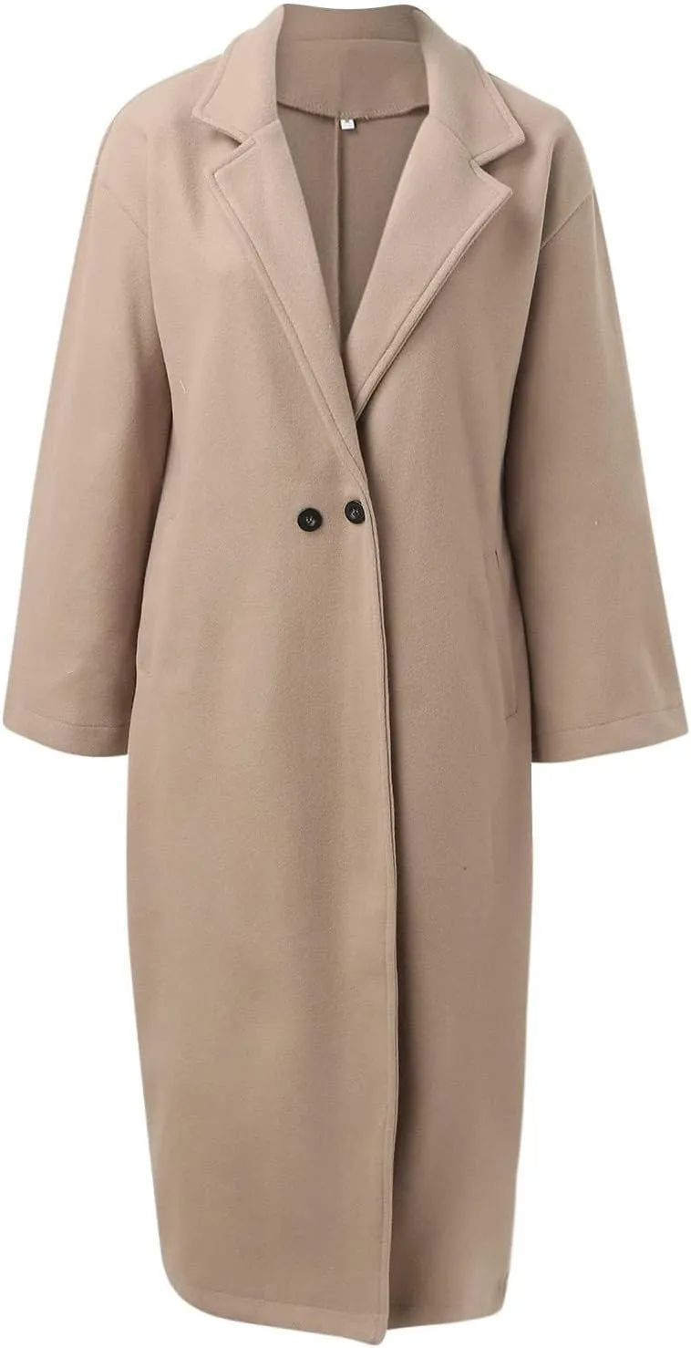 SACFOF Women's Oversized Notched Collar Wool Blend Open Front Midi Long Trench Coat Fashion Wool Blend Trench Pea Coats